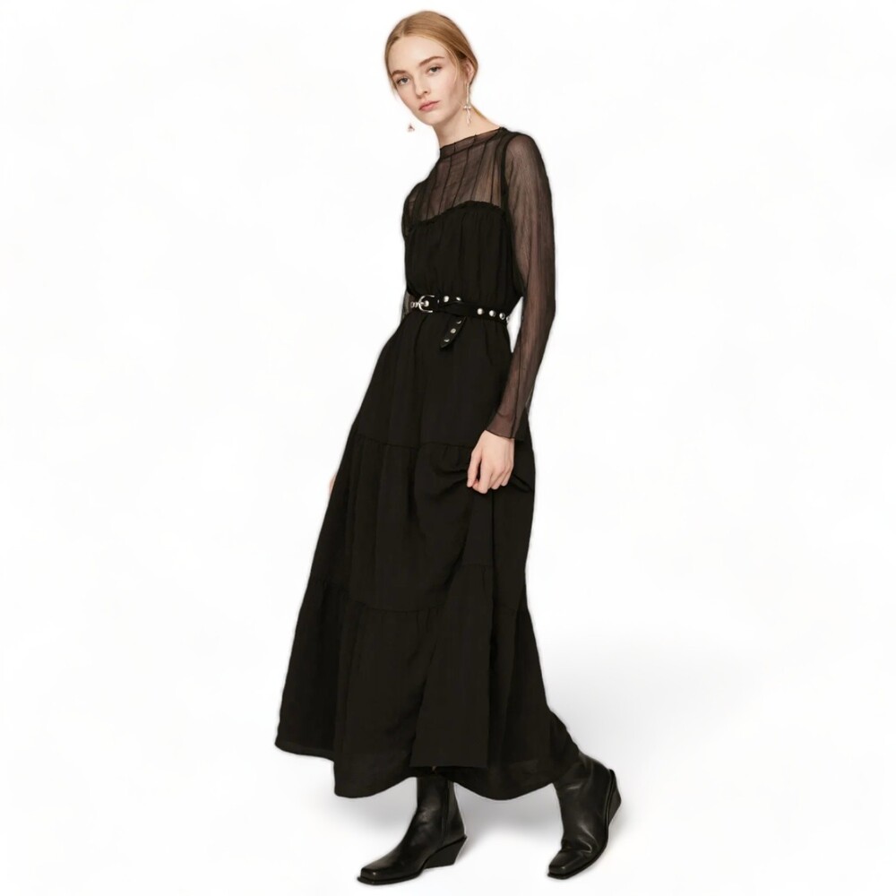 PAMELA LOVE Sheer Maxi Tiered Dress Black Long Sleeves Wednesday Goth Emo Size L